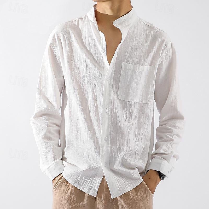Per uomo Camicia in cotone e lino Camicia con colletto cinese Camicia con colletto alla coreana Semplice Vacanza Nero Bianco Verde militare Manica Lunga Colletto alla coreana Abbigliamento Tasca del 2025 a $25.99 –P1