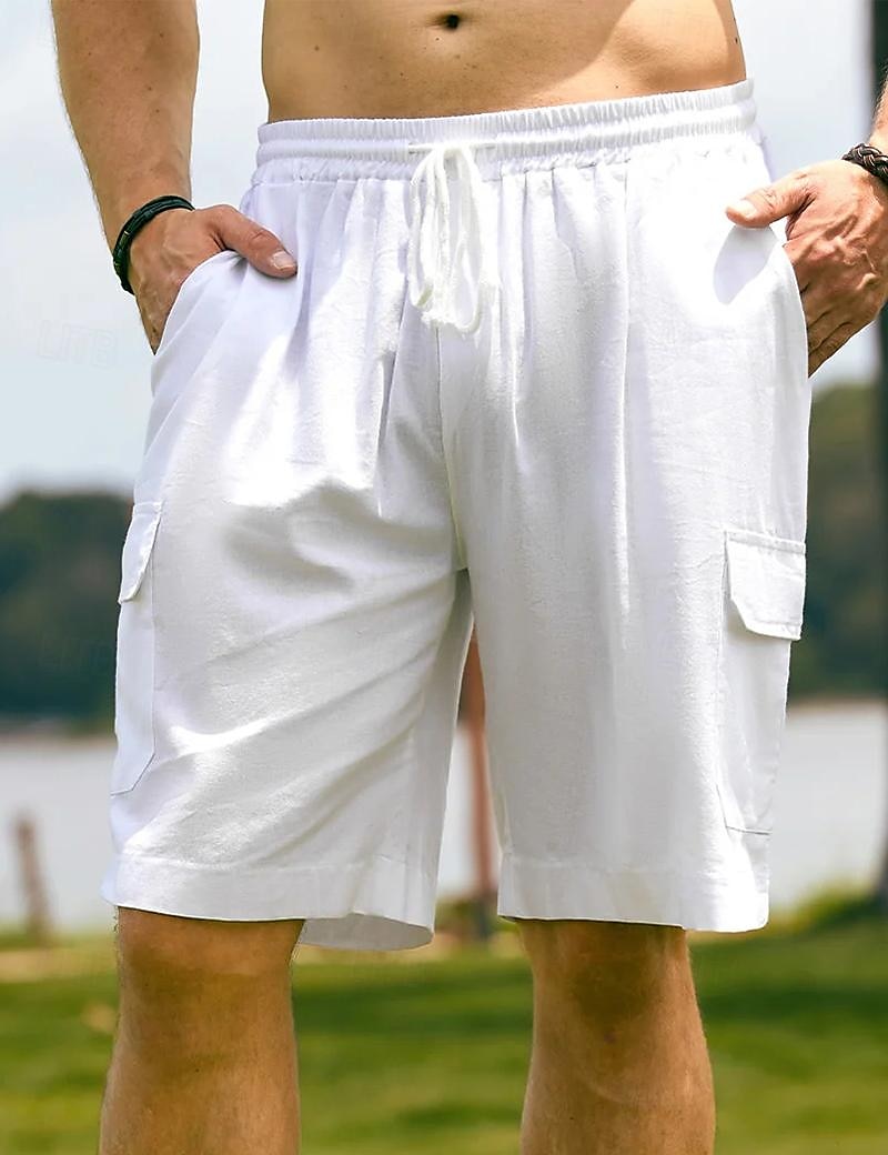 Voor heren Korte broek Linnen korte broek Zomer korte broeken Strandshorts Trekkoord Elastische taille Meerdere zakken Effen Knielengte Feest Strand Hawaii Casual Wit Khaki Inelastisch 2025 - $20.99 –P2
