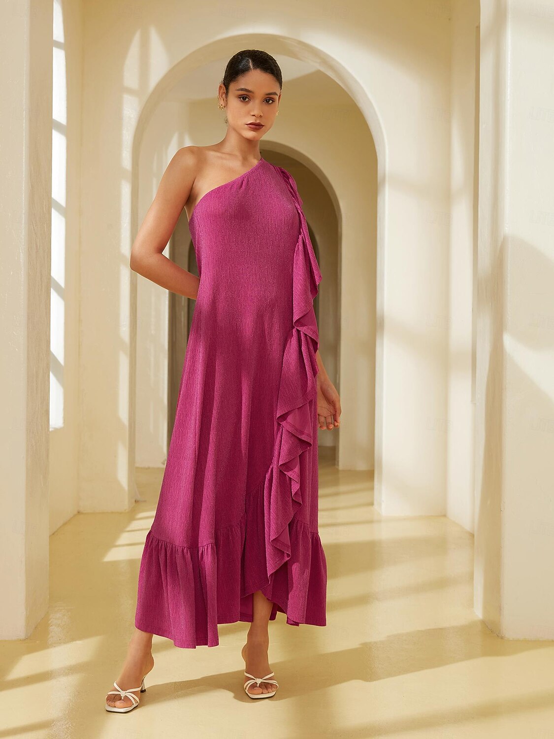 Pink Ruffle Diagonal Neck Drawstring Knit Party/Wedding Guest Maxi ...