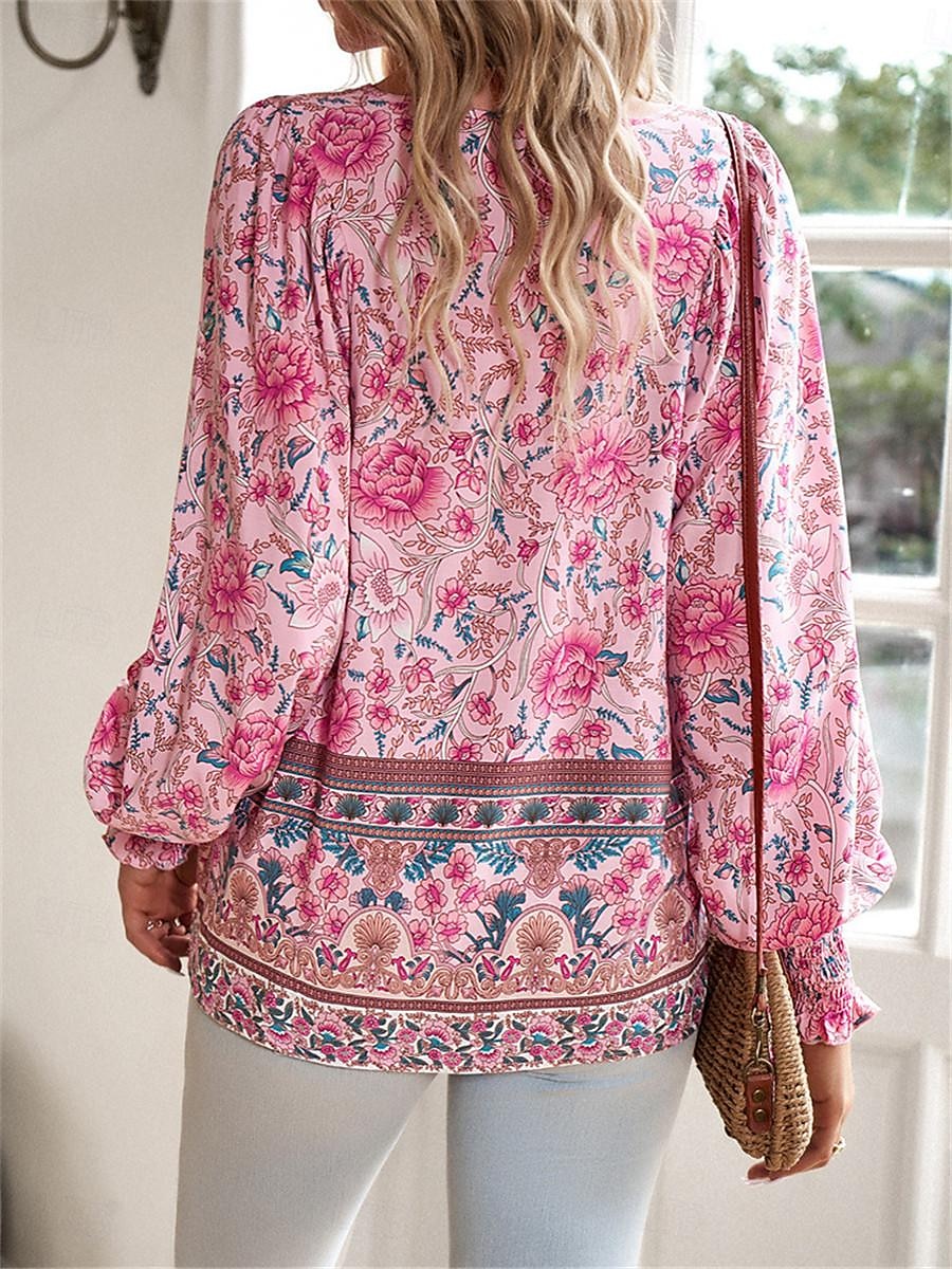 dameskjorte bluse casual boho floral blondetrykk lange ermer vanlige topper v-hals ferie strand rosa marineblå blå oransje sommer 2025 - $31.99 –P6