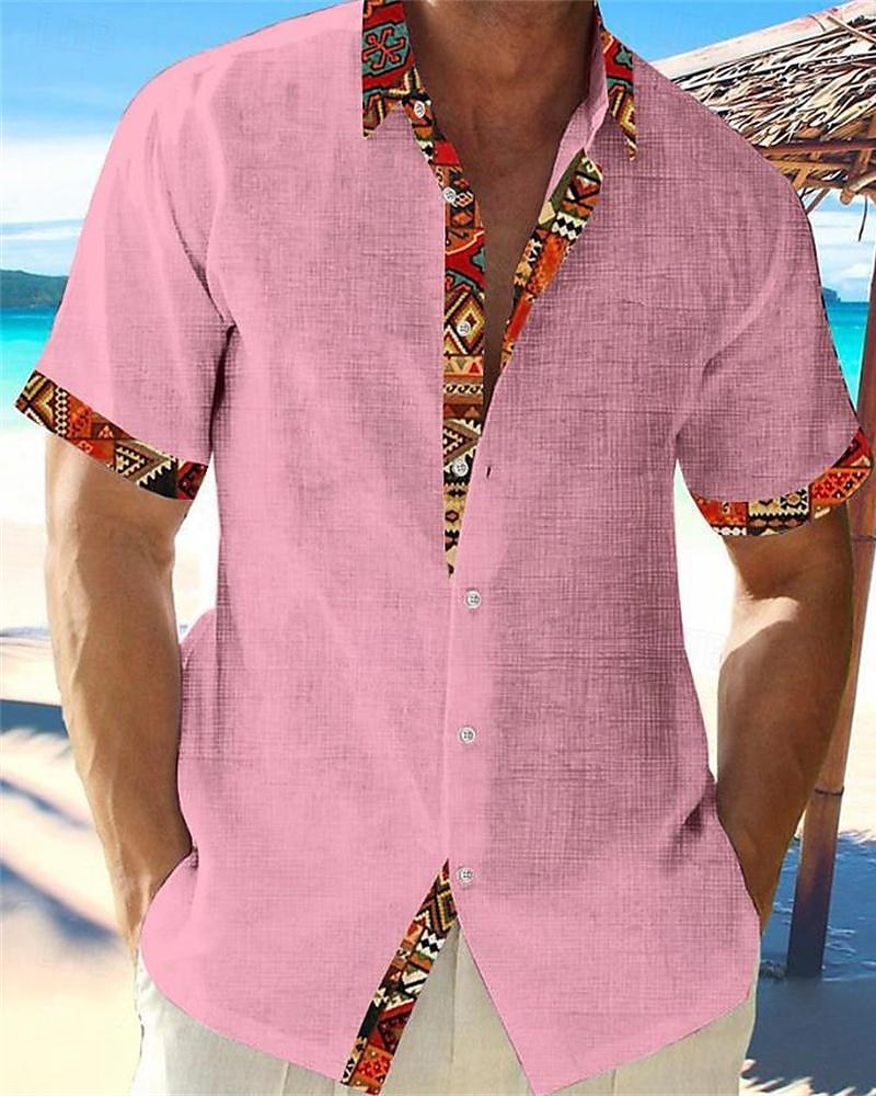 Per uomo Camicia Camicia Estiva Camicia casual Camicia da Spiaggia Camicia con Bottoni Bianco Rosa Azzurro cielo Grigio Manica Corta Blocco di colori Tribale Bavero Vacanza Camicia hawaiana Splice del 2025 a $21.99 –P4