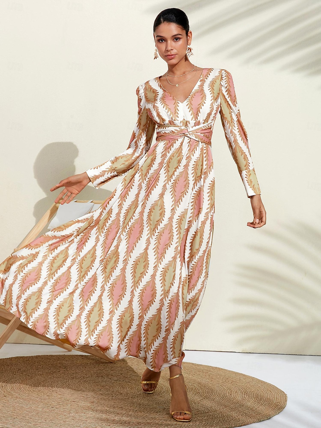 Per donna Orlo maxi Raso Maxi Vestito maxi SALMONE Bianco Manica lunga Modello di piante Fiore / Piante Pulsante pianta Primavera A V Abito volante S M L del 2025 a $93.99 –P1