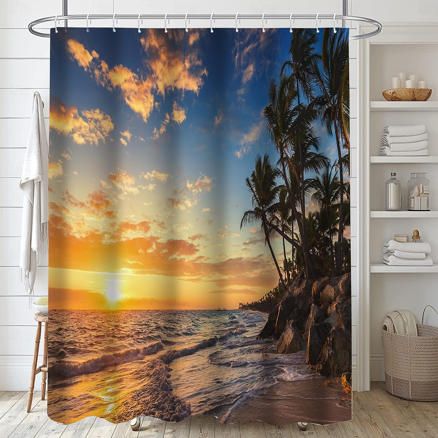 Κουρτίνα ντους με γάντζους 180cm*180cm(70"*70") Πολυεστέρας Πλενόμενη Αδιάβροχη Σχέδιο Μπάνιου Μπανιέρας Παραλίας Θάλασσα Καρύδα Δέντρο Τοπίο 2025 - $25.99 –P13