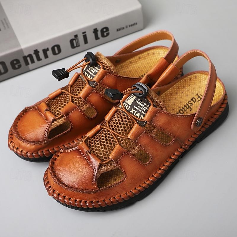 sandálias masculinas de pescador de couro sintético marrom para atividades ao ar livre – calçados casuais respiráveis com tira ajustável para caminhadas e caminhadas no verão de 2025 por $49.99 -P2