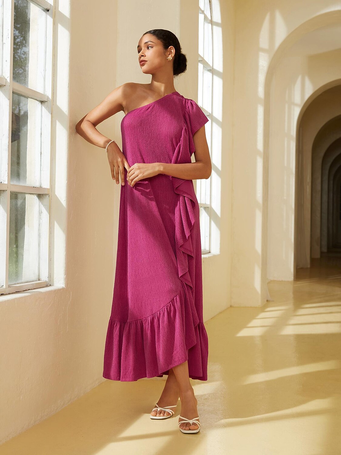 Pink Ruffle Diagonal Neck Drawstring Knit Party/Wedding Guest Maxi ...