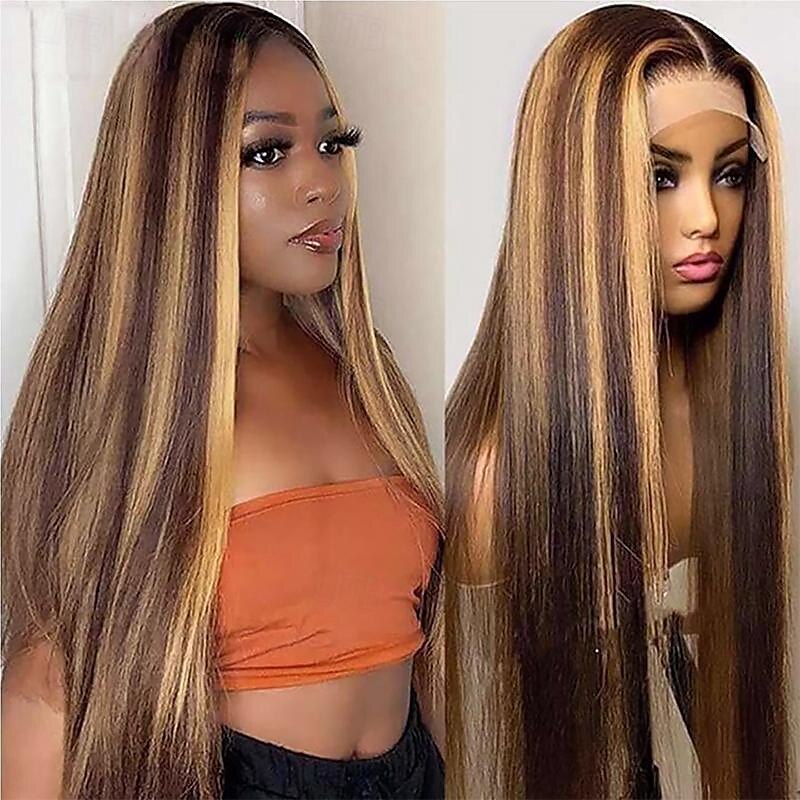 Parrucche anteriori in pizzo ombre 13x4 evidenziate diritte per le donne p4 / 27 parrucche frontali in pizzo biondo miele con capelli umani con capelli del bambino del 2025 a $237.79 –P3