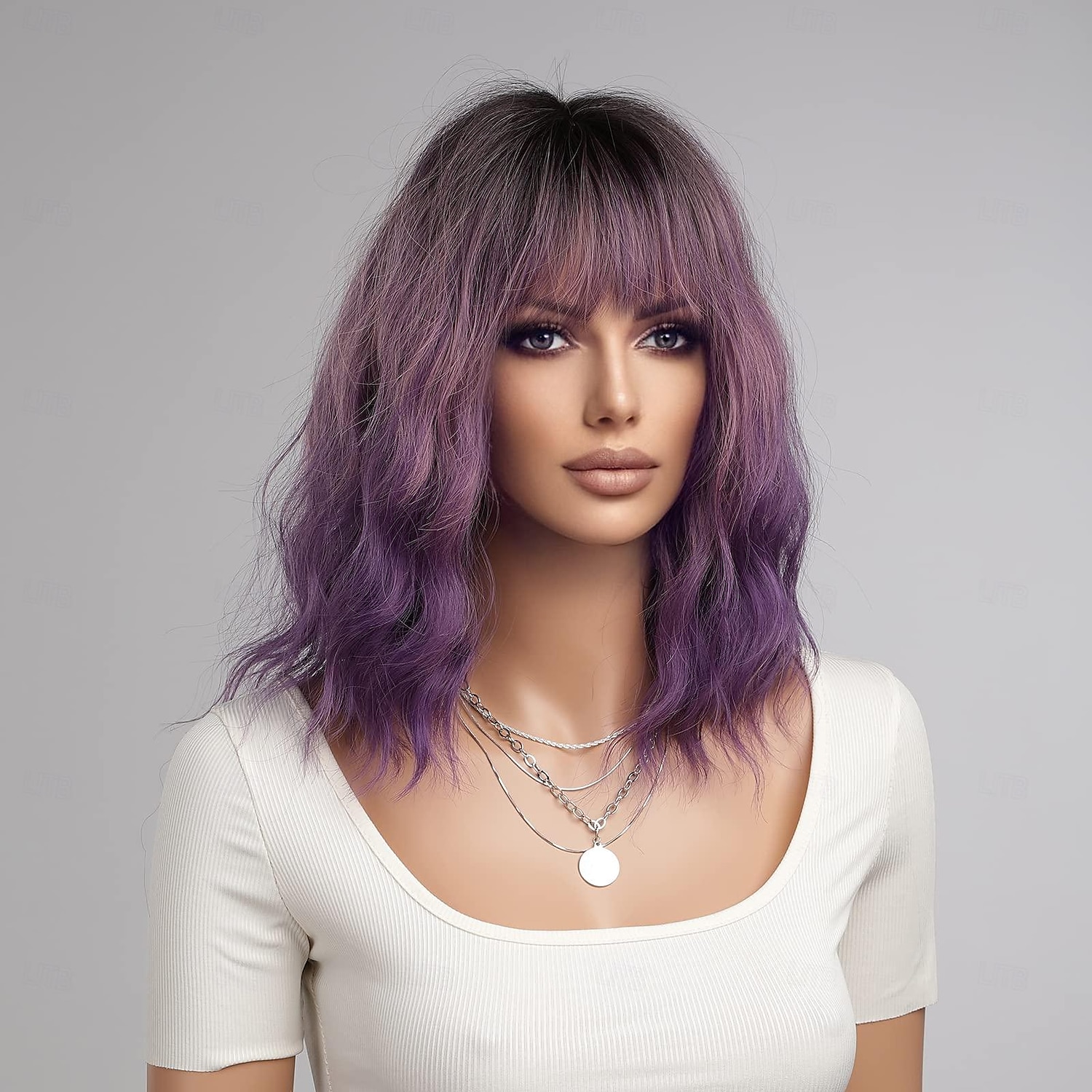 gris vert rose blonde violet perruque pour femmes ombre violet bob perruque mardi gras perruques courtes bouclés ondulés noir à violet perruque avec frange synthétique résistant à la chaleur de 2025 ? $19.99 –P3