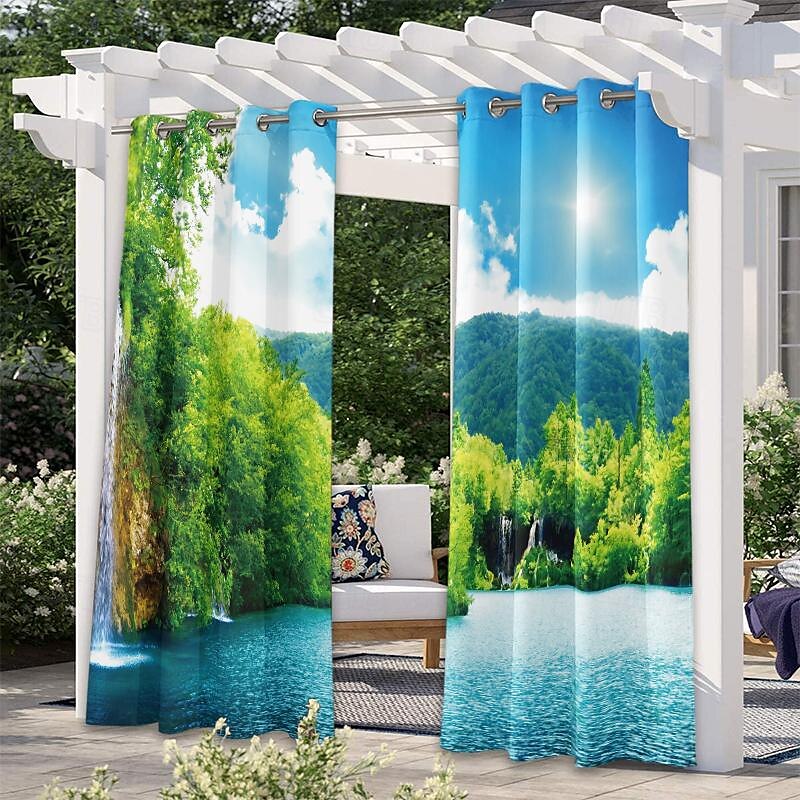 Cortinas exteriores para patio, opacas impermeables, cubierta exterior para cenador, pabellón, pérgola, cenador, solárium, 2 paneles, cascada río 2025 - $31.99 –P4