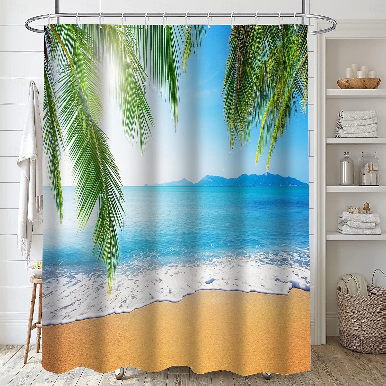 Κουρτίνα ντους με γάντζους 180cm*180cm(70"*70") Πολυεστέρας Πλενόμενη Αδιάβροχη Σχέδιο Μπάνιου Μπανιέρας Παραλίας Θάλασσα Καρύδα Δέντρο Τοπίο 2025 - $25.99 –P9