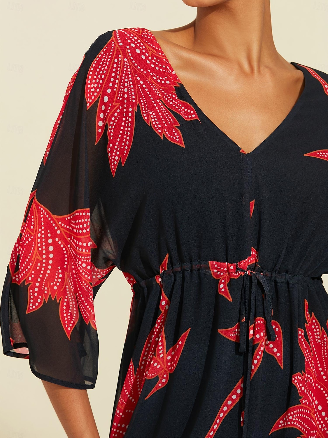Per donna Abito Stampato Abito maxi Nero Manica 3/4 Foglia Stampa Fiori / Piante Stampa Primavera & Estate Scollo a V Spiaggia S M L del 2025 a $141.99 –P3