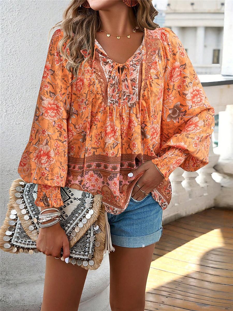 dameskjorte bluse casual boho floral blondetrykk lange ermer vanlige topper v-hals ferie strand rosa marineblå blå oransje sommer 2025 - $31.99 –P20