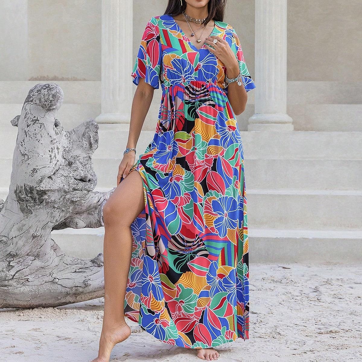 Damen kleid lang Chiffon-Kleid Elegant Böhmen Vintage Urlaub Party Täglich Lockere Passform Blumen Kurzarm Asymmetrisch Blau Sommer 2025 - $41.99 –P5
