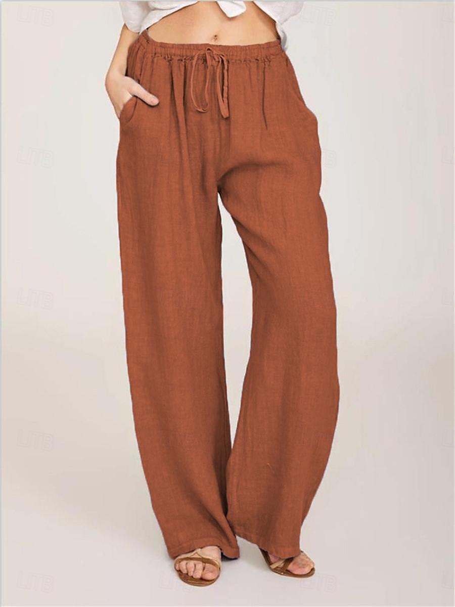 Damen Hose aus Baumwollleinen Komfort Einfarbig Tasche Elastischer Bund Atmungsaktiv Mikroelastisch Heim Schwarz Weiß Wein Marineblau Sommer 2025 - $21.99 –P15