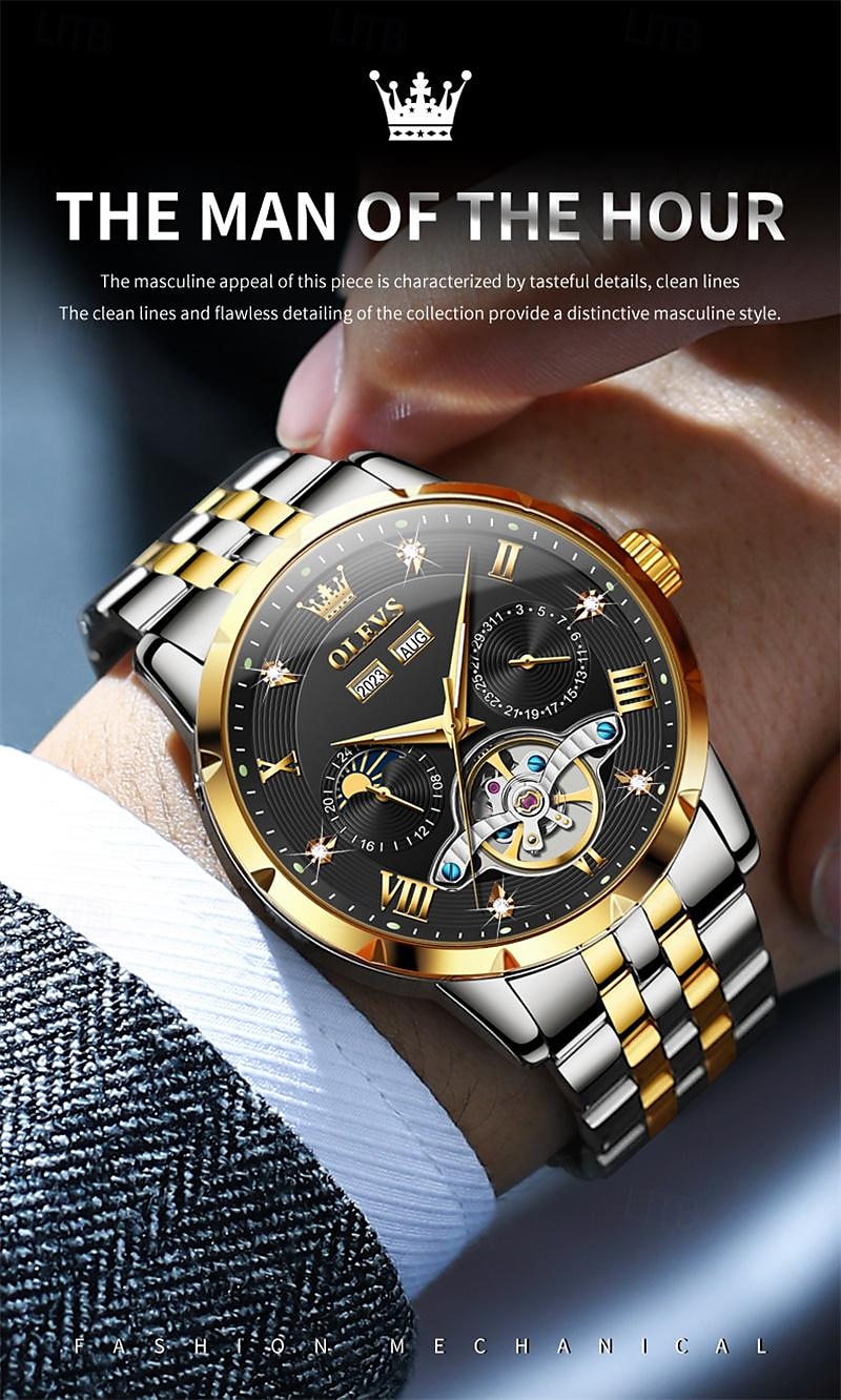 New Brand Olevs European Men'S Fashion Trend Business Watch Luminous Calendar 24-Hour Indication Week Multi-Functional Mechanical Watch Steel Band Waterproof Sports Casual Men'S Watch 2025 - $91.99 –P12