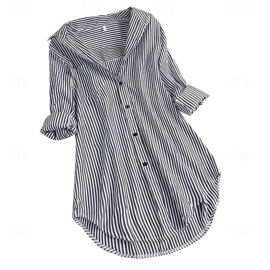 Dames Overhemd Linnen-geïnspireerde overhemden Knoop omhoog Blouse Gestreept Casual Lange mouw Overhemdkraag Lange tops Dagelijks Knop Afdrukken Zwart Blozend Roze Rood Marineblauw blauw Lente 2025 - $27.99 –P4