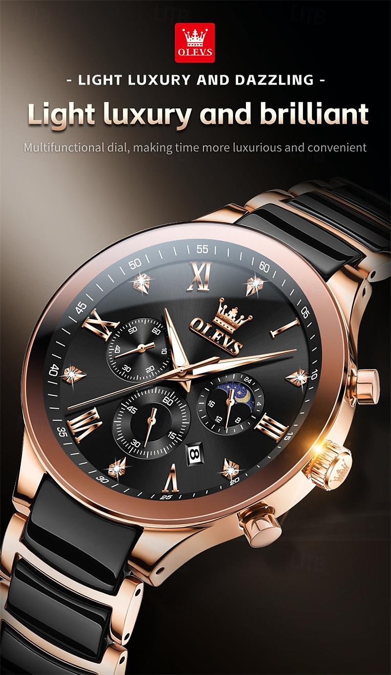 Новые часы Olevs Brand Men's с светящимся хронографом календарем 24 часа многофункциональными кварцевыми часами для бизнеса керамические водонепроницаемые наручные часы 2025 - $61.99 –P1