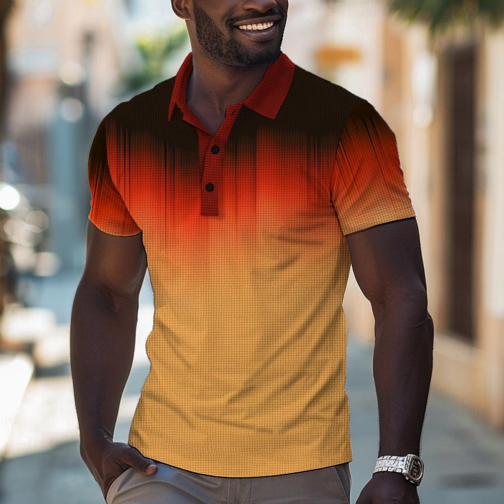 Homens Listrado Camisa de golfe Manga Curta Camisas polo Camisas de colarinho Casual Roupas de férias Traje formal Roupas para festivais Impressão 3D Botões Verão Primavera Amarelo Laranja de 2026 por $23.99 –P1