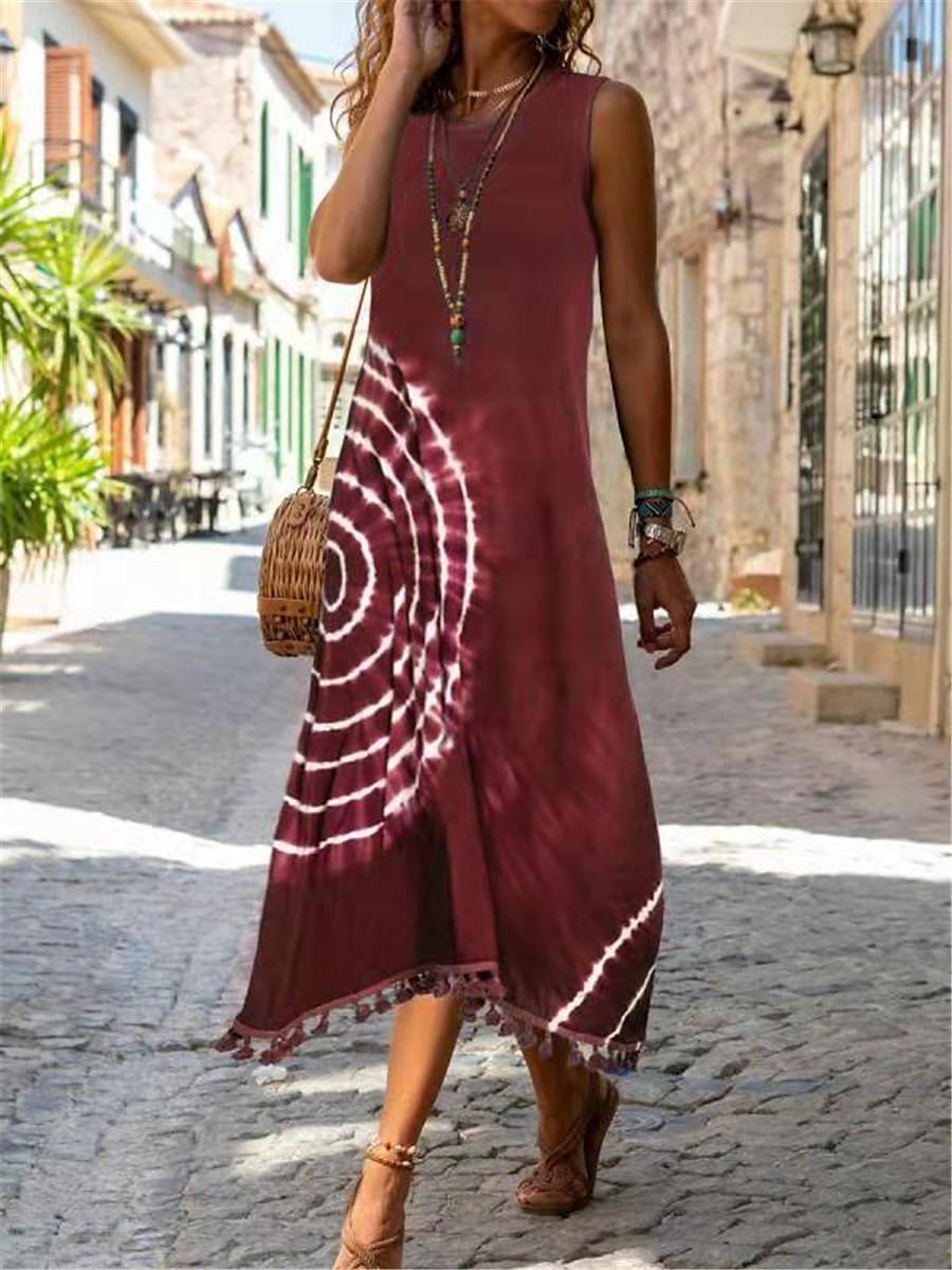 dames midi-jurk bohemian mouwloos ronde hals tie-dye franje detail strand casual blauw wit one size zomer mode kleding kleding 2025 - $15.99 –P1