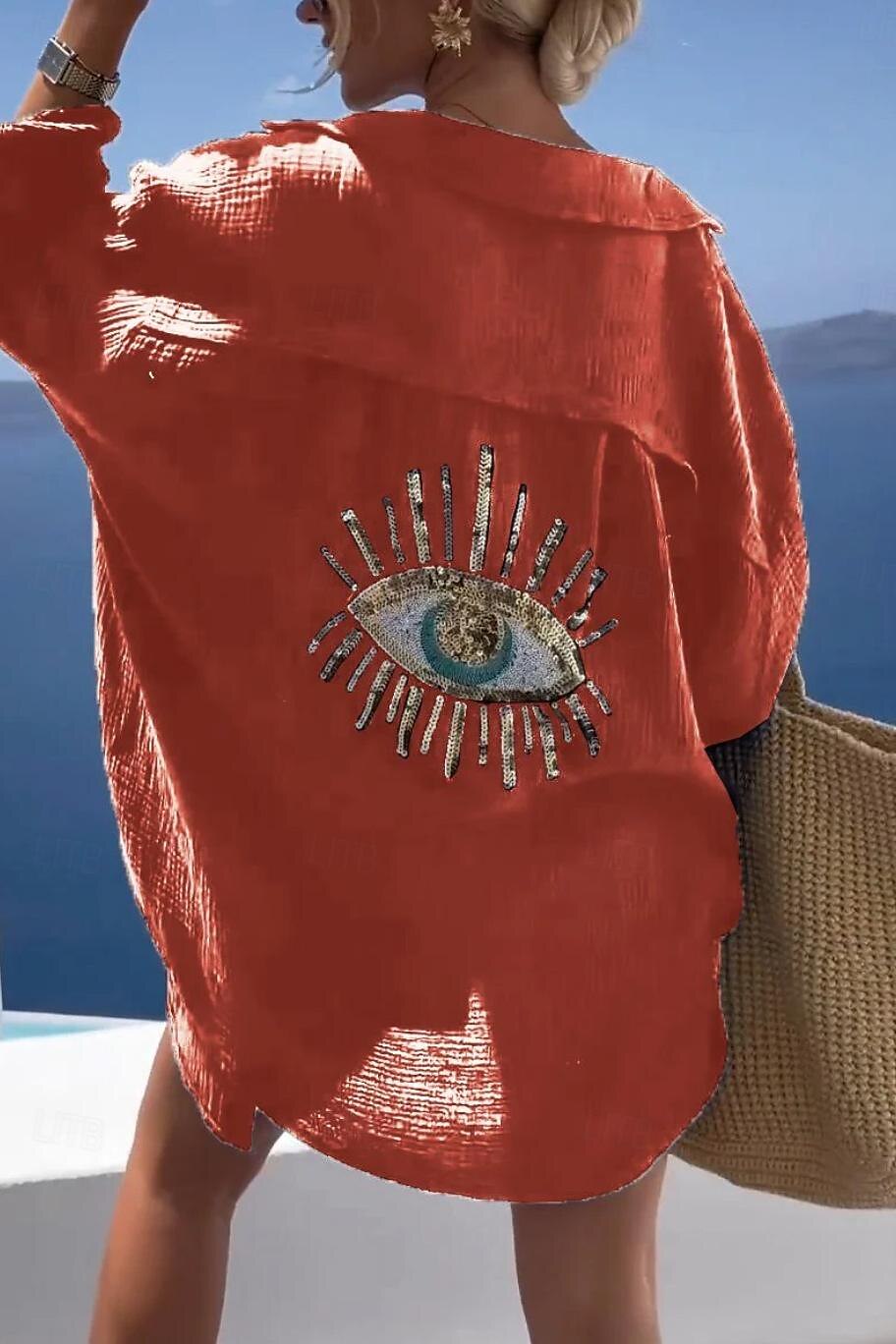 Women's Shirt Linen-Inspired Shirts Button Up Blouse Graphic Casual Beach Long Sleeve Shirt Collar Long Tops Vacation Going out Buttons Print Black White Yellow Pink Orange Spring & Fall 2025 - $36.99 –P5