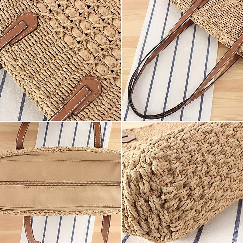 Per donna Sacca Borsa da mare Borsa di paglia Paglia Esterno Per eventi Spiaggia Cerniera Massima capacità Tinta unica bianco Kaki del 2025 a $42.99 –P2