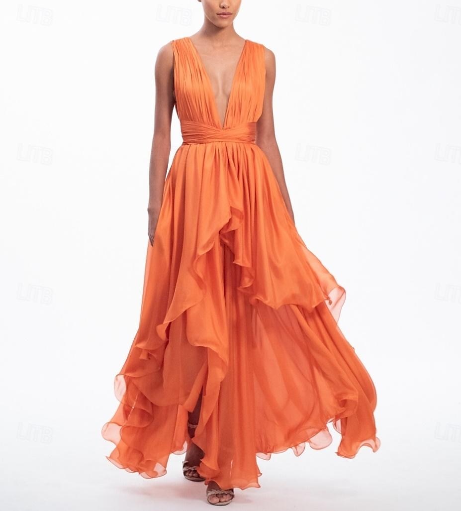 Abiti da prom A-Line per matrimoni in spiaggia Abito Elegante Formale Estivo Asimmetrico Senza Maniche V Collo Chiffon con Ruches del 2025 a $168.99 –P2