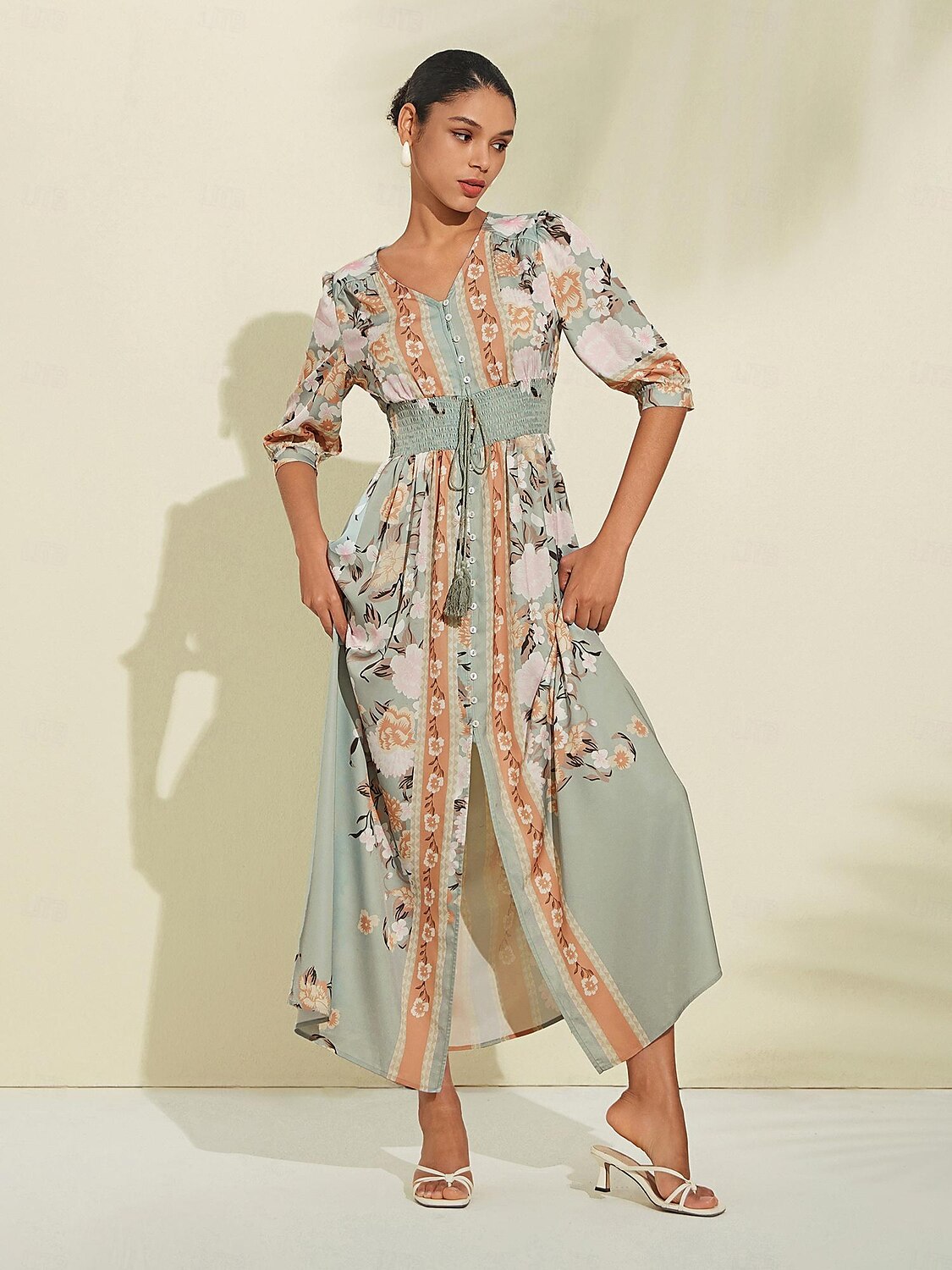 Robe longue en satin vert à fleurs, col en V, manches bouffantes, pour invités de fête/mariage, pour impressionner 2024 de 2025 ? $108.99 –P4