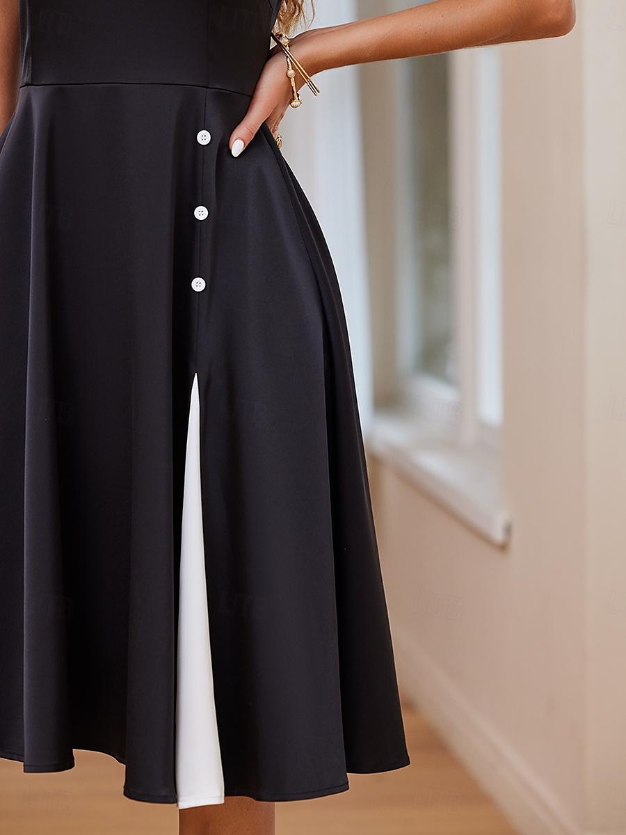 Cocktailkleid für Damen, einschultrig, asymmetrischer Ausschnitt, Knopfdetail, ärmellos, A-Linie, Midi, schwarz, weiß, Party, elegant, stilvoll, Frühling, Sommer, Kleidung 2025 - $15.99 –P9