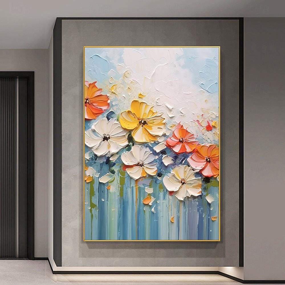 カラフル 油絵 花 送料無料 タイ 蓮の油絵花厚塗りオリジナルアート花の