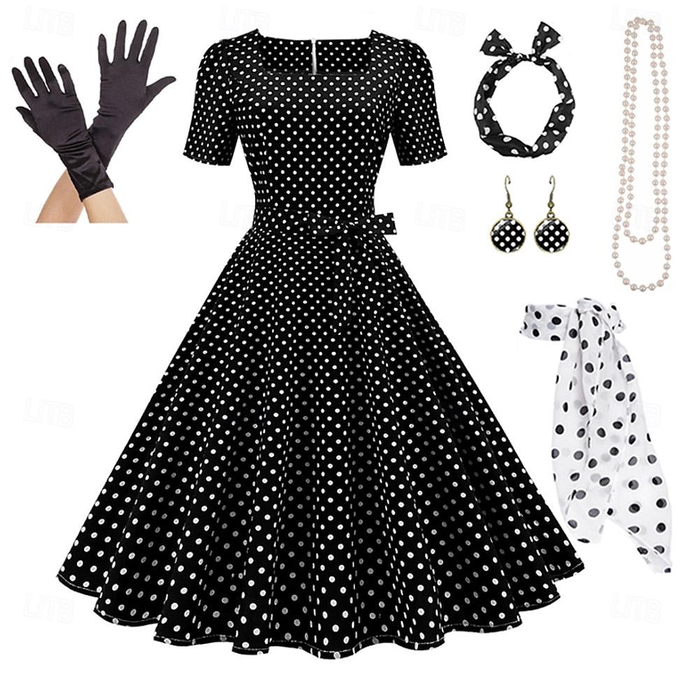 Retrò Vintage Anni 1950 Rockabilly Gonna a cerchio Abito a Linea Tutu A Pois Per donna Festa / Sera Mascherata Addio al Nubilato Adulti Vestito Guanti Orecchini Primavera & Estate del 2025 a $38.99 –P3