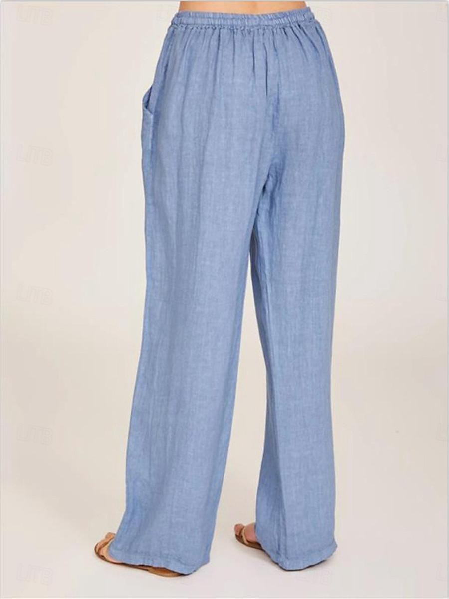 Damen Hose aus Baumwollleinen Komfort Einfarbig Tasche Elastischer Bund Atmungsaktiv Mikroelastisch Heim Schwarz Weiß Wein Marineblau Sommer 2025 - $21.99 –P4
