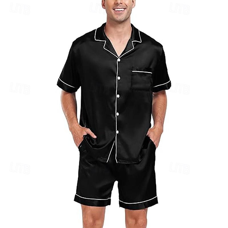 Homens Roupa de Dormir Conjunto de Pijama Top e shorts de pijama 1conjunto Tecido Moda à moda Clássico Casa Diário De Cama Poliéster Conforto Respirável Macio Lapela Manga Curta Camisa Social Calção de 2025 por $9.59 –P10