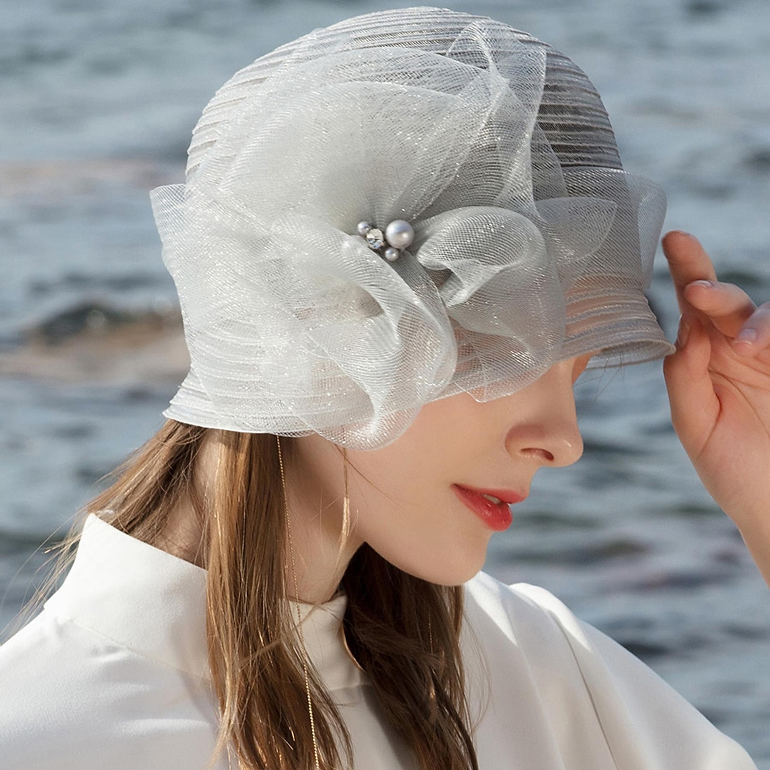 Hatter Fiber Bøttehatt Solhatt Bryllup Te Fest Elegant Bryllup Med Blomster Perledetaljer Hodeplagg Hodeplagg 2025 - $35.99 –P5