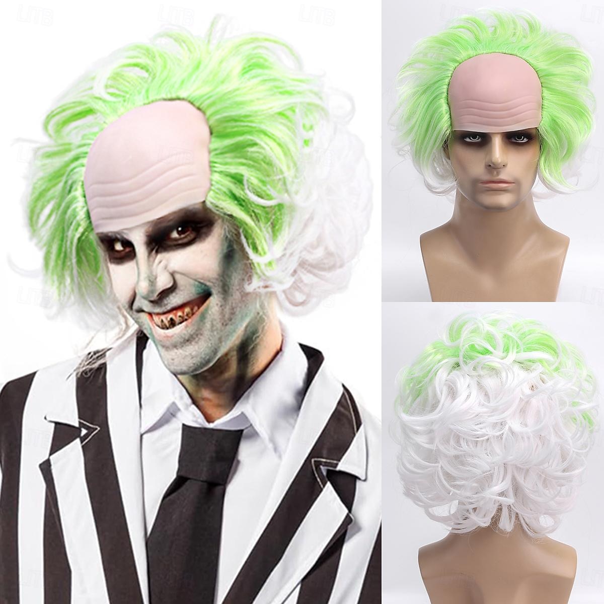 Pánská Beetlejuice 2 cosplay krátká nadýchaná vlnitá klaunská plešatá paruka na karnevalovou párty kostýmové paruky pro dospělé paruky na Halloween 2025 - $21.99 –P2