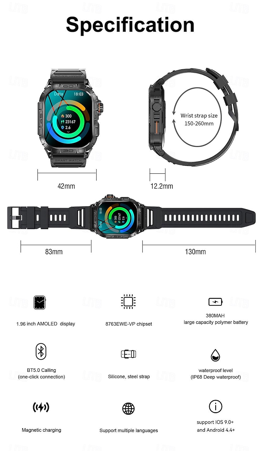 696 K63 Inteligentny zegarek 1.96 in Inteligentny zegarek Bluetooth EKG + PPG Krokomierz Powiadamianie o połączeniu telefonicznym Kompatybilny z Android iOS Damskie Męskie Odbieranie bez użycia rąk 2025 - $65.99 –P10