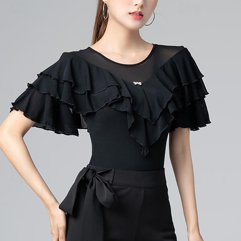 Latindans Ballroom-dans Trikot / Heldraktskostymer Drapert Ren Farge Tvinning Dame Ytelse Trening Kortermet Høy Bomullsblanding 2026 - $38.99 –P1