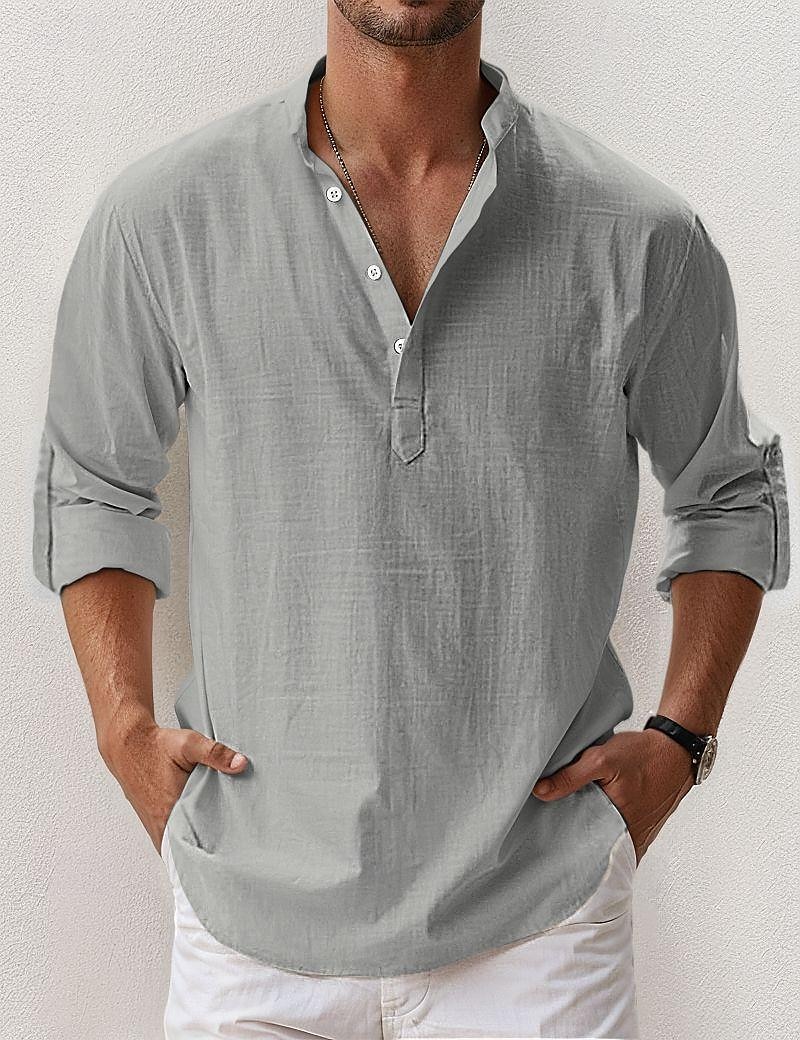 Voor heren Linnen overhemd Popover-shirt Zomer overhemd Strand Kleding Normaal shirt Overhemd met bandkraag Effen Vakantie Hawaii Zwart Wit Blozend Roze blauw Lange mouw Henley Lente zomer Kleding 2026 - $25.99 –P12