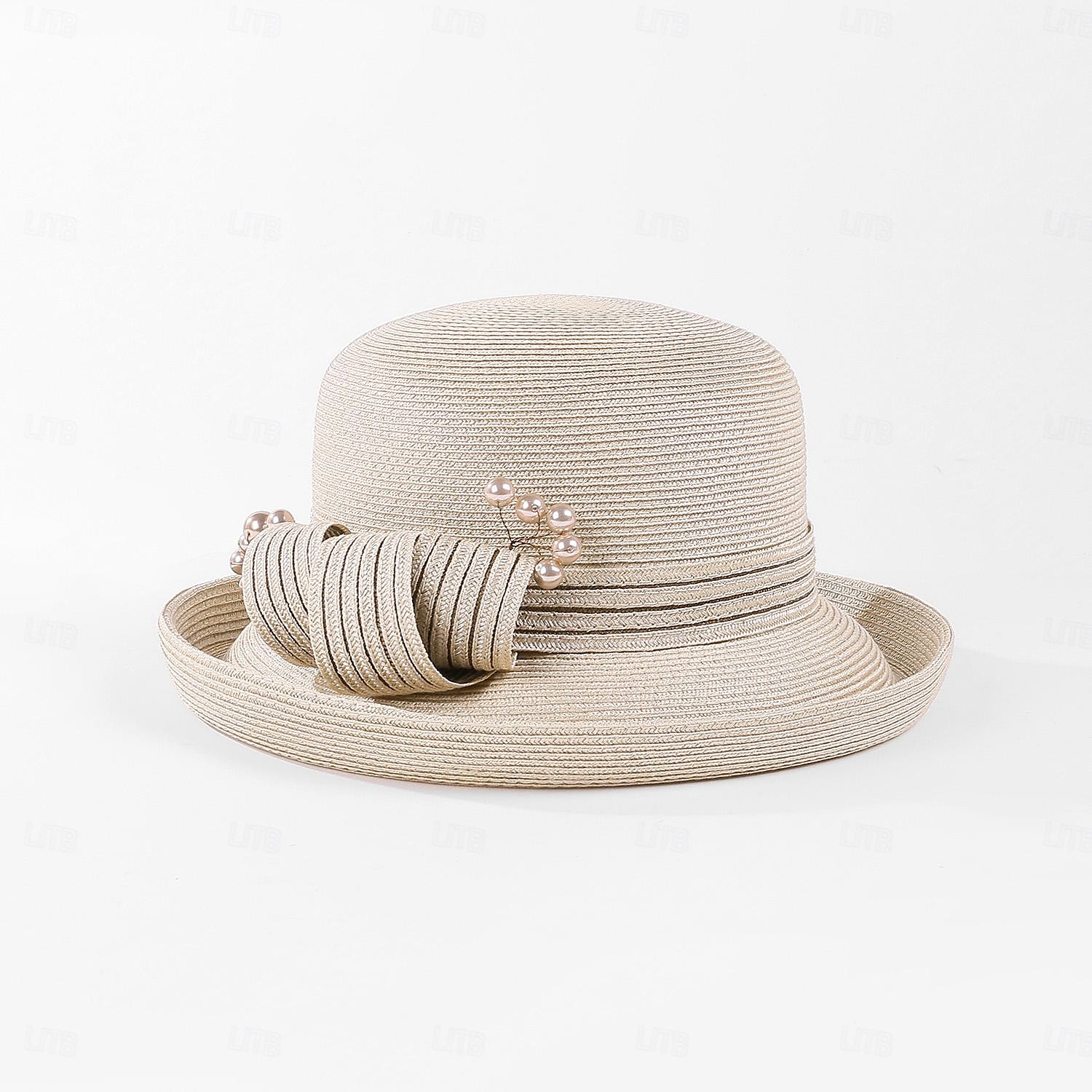 Chapeaux Fibre Chapeau Melon / Cloche Chapeau de seau Capeline Casual Plage Elégant Mariage Avec Perle fausse Fantaisie Casque Couvre-chef de 2025 ? $41.99 –P8