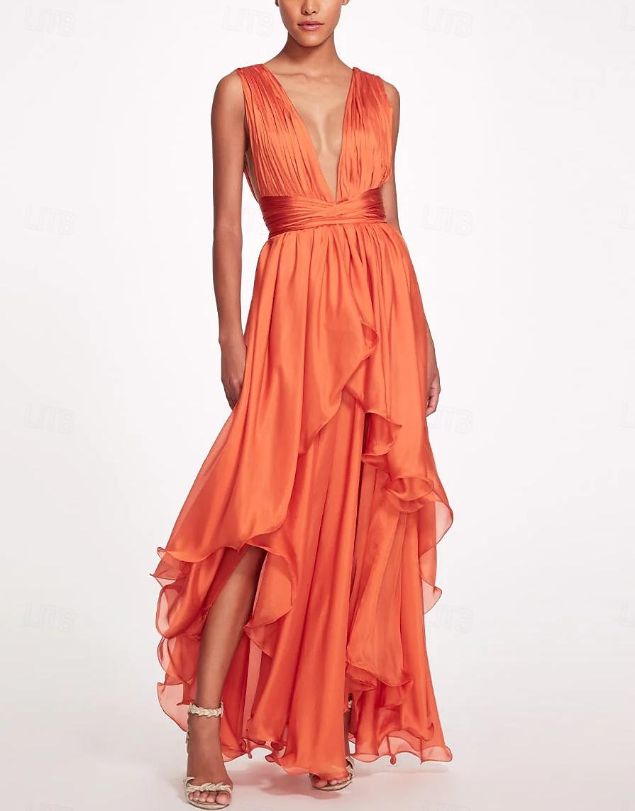 Abiti da prom A-Line per matrimoni in spiaggia Abito Elegante Formale Estivo Asimmetrico Senza Maniche V Collo Chiffon con Ruches del 2025 a $168.99 –P1