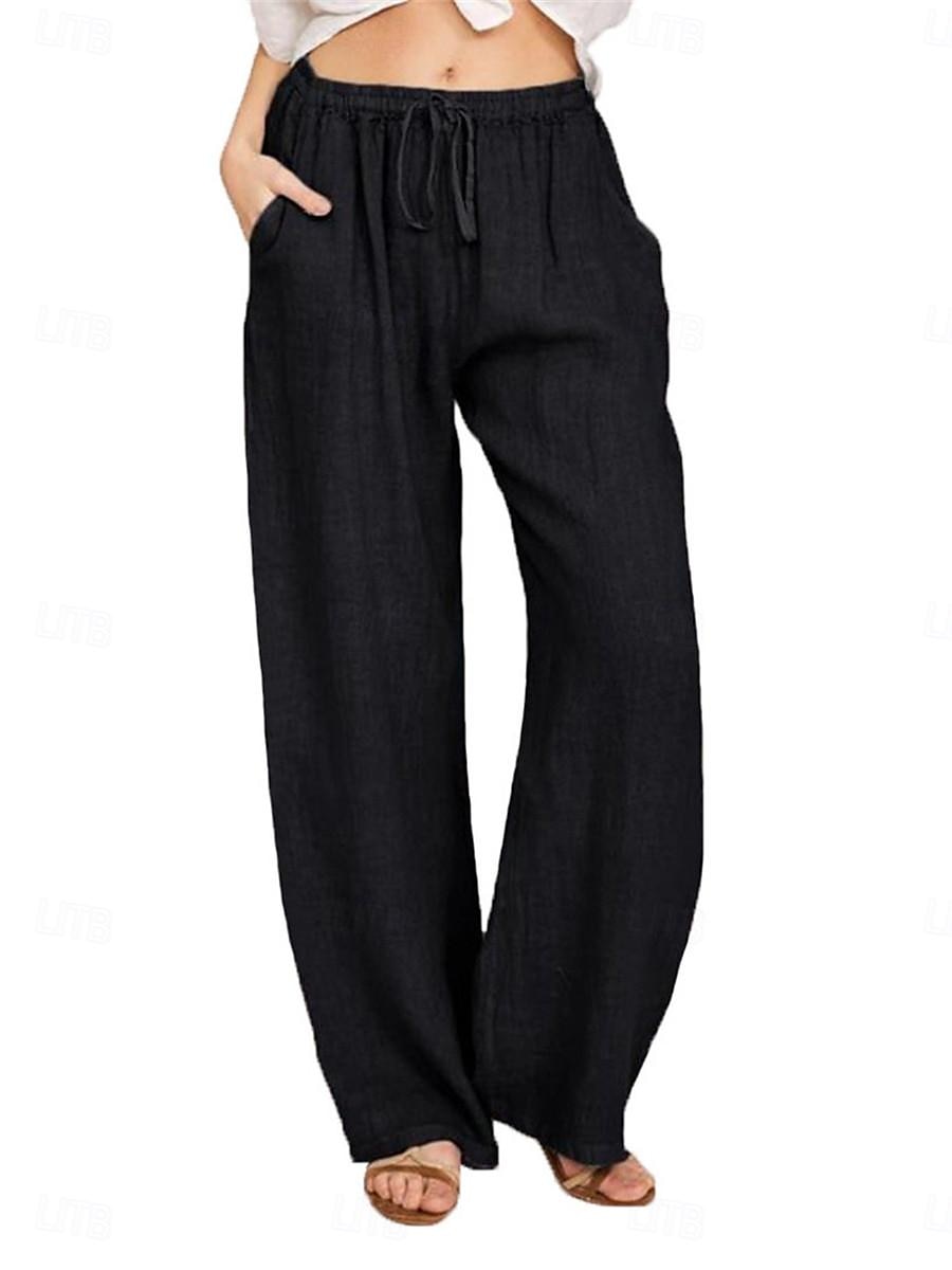 Damen Hose aus Baumwollleinen Komfort Einfarbig Tasche Elastischer Bund Atmungsaktiv Mikroelastisch Heim Schwarz Weiß Wein Marineblau Sommer 2025 - $21.99 –P6