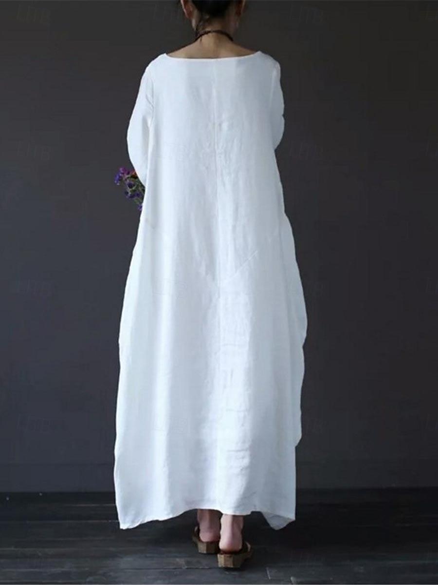 Women's Black White Red Summer Spring Maxi Dress Linen-Inspired Dresses  White Dress Cotton Linen Dress Casual Daily Weekend Loose Fit Plain Crew  Neck 2025 - $26.99