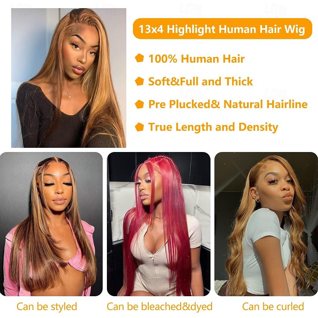 P4/27 Highlight Wigs Pre Plucked Highlight Ombre Lace Front Wig Human Hair Omber P4/27 Hair Wig with Natural Hairline 13X4 HD Transparent Straight Lace Frontal Wigs For Women Brazilian Remy Hair Wig 2025 - $131.99 –P7