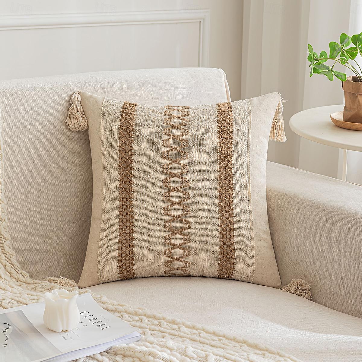 fodere per cuscini con nappe per soggiorno in fattoria, cotone&amp; Copricuscini boho in tela con texture a righe (beige&amp; marrone, riga singola) del 2025 a $16.99 –P2
