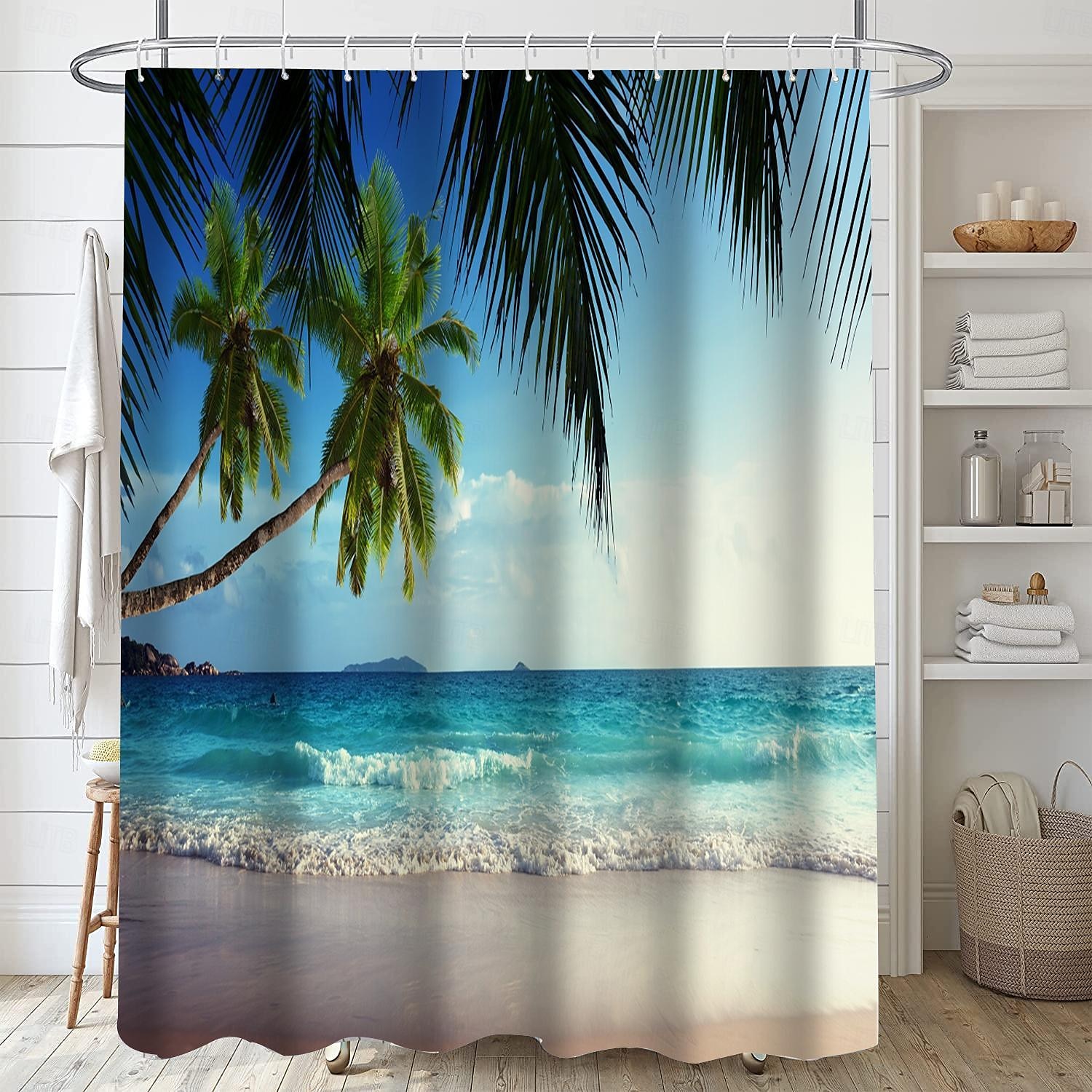 Κουρτίνα ντους με γάντζους 180cm*180cm(70"*70") Πολυεστέρας Πλενόμενη Αδιάβροχη Σχέδιο Μπάνιου Μπανιέρας Παραλίας Θάλασσα Καρύδα Δέντρο Τοπίο 2025 - $25.99 –P12
