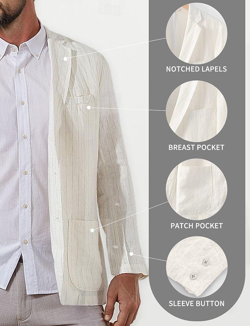 100% Linen Men's Linen Blazer Blazer Business Formal Evening Wedding Party Fashion Casual Spring &  Fall Stripes Pocket Casual / Daily Single Breasted Blazer White Navy Blue Coffee 2024 - $34.99 –P1