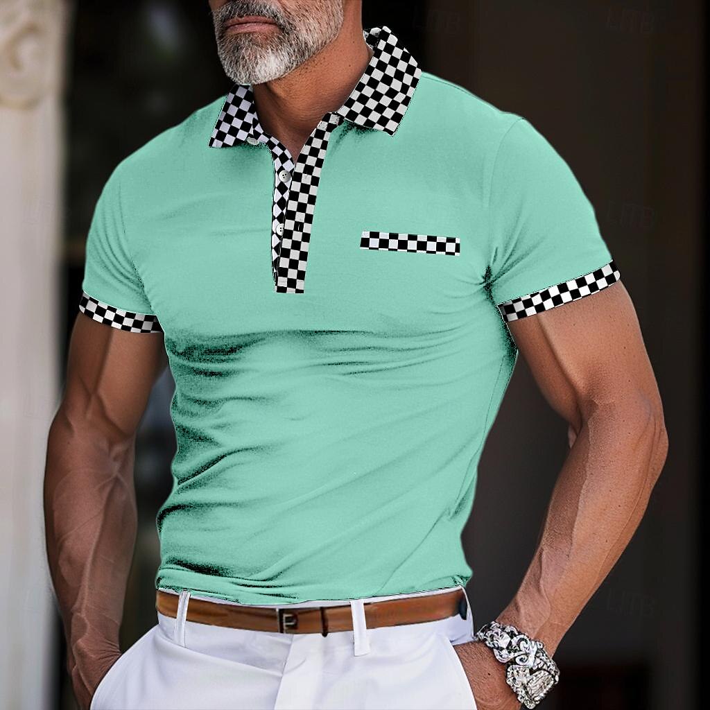 Men's Business Polo Golf Shirt Work Casual Lapel Ribbed Polo Collar Short Sleeve Basic Modern Color Block Patchwork Button Spring & Summer Regular Fit Black Light Green Blue Beige Business Polo 2025 - $20.99 –P6