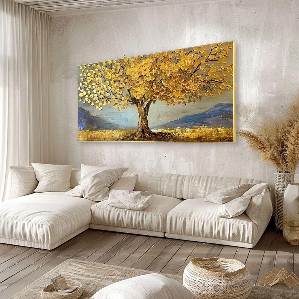 handgemachtes Ölgemälde auf Leinwand, Wandkunst, Dekoration, goldene Baumlandschaft für die Inneneinrichtung, gerolltes, rahmenloses, ungedehntes Gemälde, goldene Baumlandschaft 2025 - $91.99 –P6