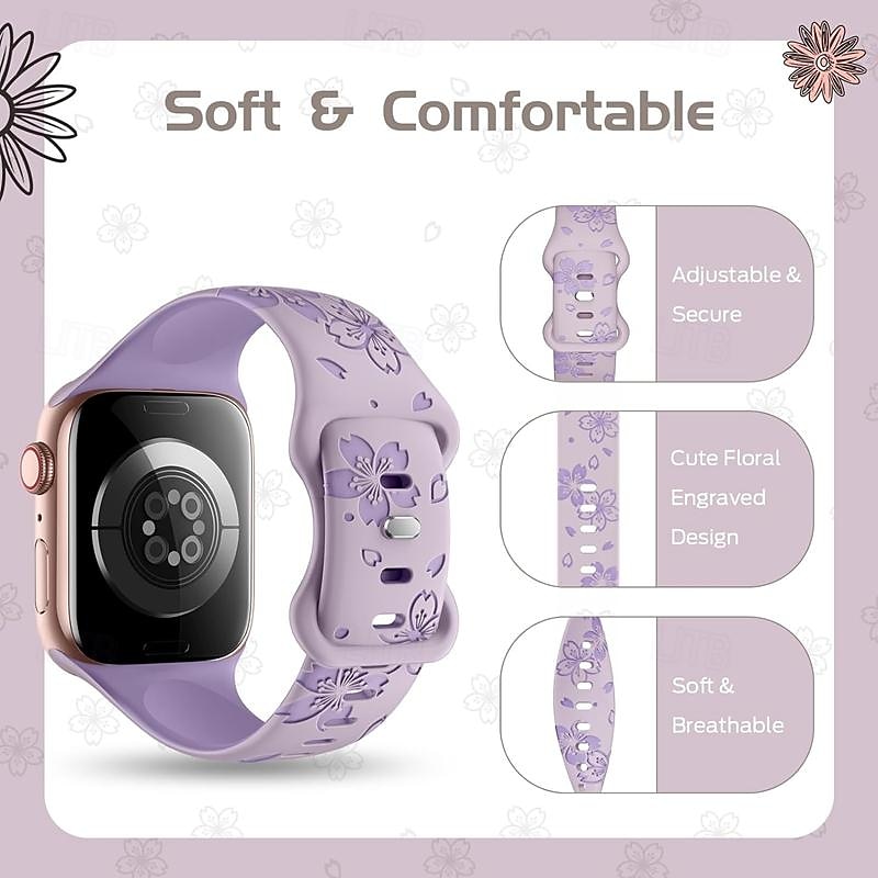 цветок с гравировкой Совместим с Ремешок для часов Apple Watch 38мм 40мм 41мм 42мм 44мм 45мм 49мм Прочный Пряжка-бабочка силиконовый Сменный ремешок для часов для iwatch Ultra 2 Series 9 8 7 SE 6 5 4 2025 - $10.99 –P6