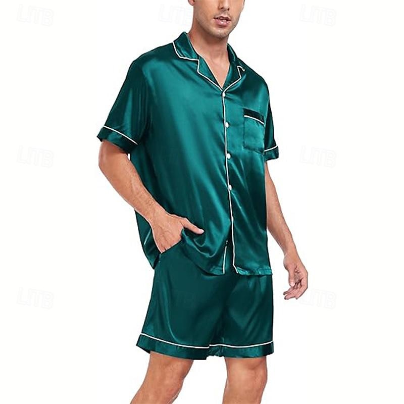 Homens Roupa de Dormir Conjunto de Pijama Top e shorts de pijama 1conjunto Tecido Moda à moda Clássico Casa Diário De Cama Poliéster Conforto Respirável Macio Lapela Manga Curta Camisa Social Calção de 2025 por $9.59 –P14