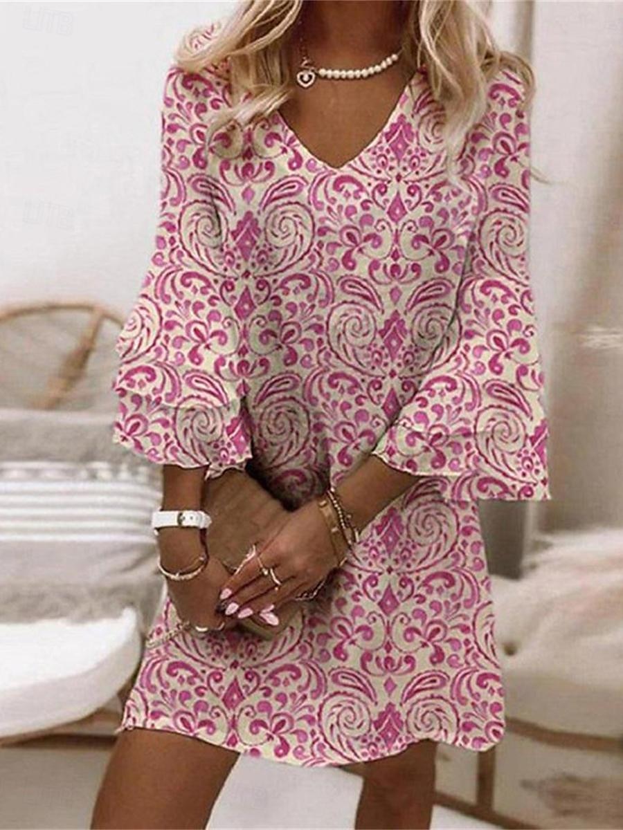 Dame Mini kjole Uformell kjole Sommerkjole Boho-kjole Stilfull Fritid Feriereise Daglig Normal Blomstret 3/4 ermer V-hals Gul Rosa Blå Lyseblå Sommer 2025 - $35.99 –P1