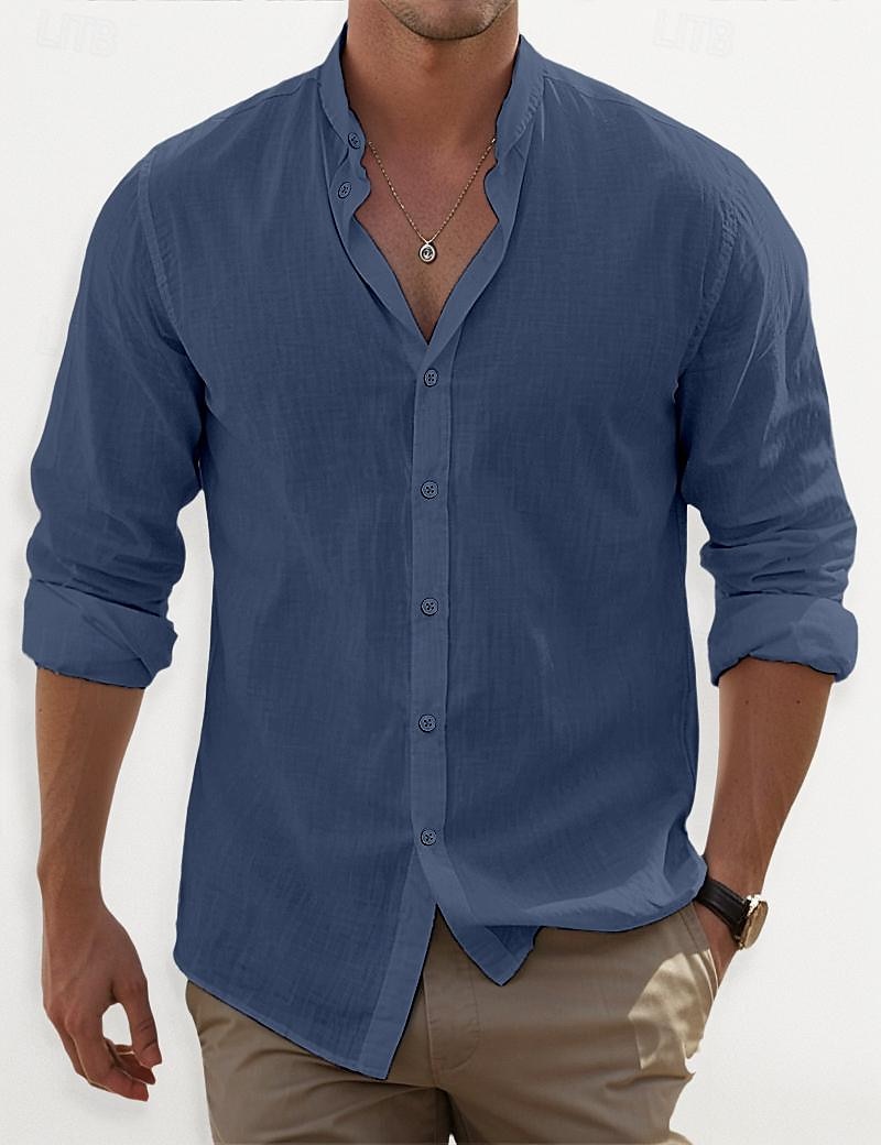 Voor heren Overhemd Overhemd met bandkraag Zomer overhemd Strand Kleding Overhemd met knopen Effen Casual Dagelijks Zwart Wit Blozend Roze blauw Lange mouw Band Kraag Lente zomer Kleding 2025 - $22.99 –P10